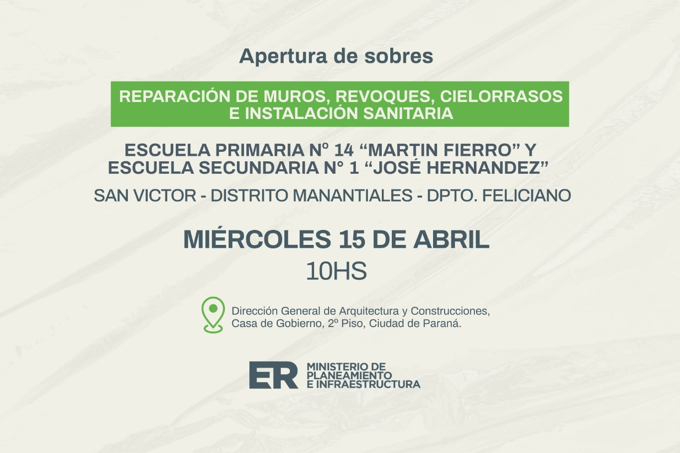 Se abrirán sobres para reparaciones edilicias en establecimiento escolar del departamento Feliciano