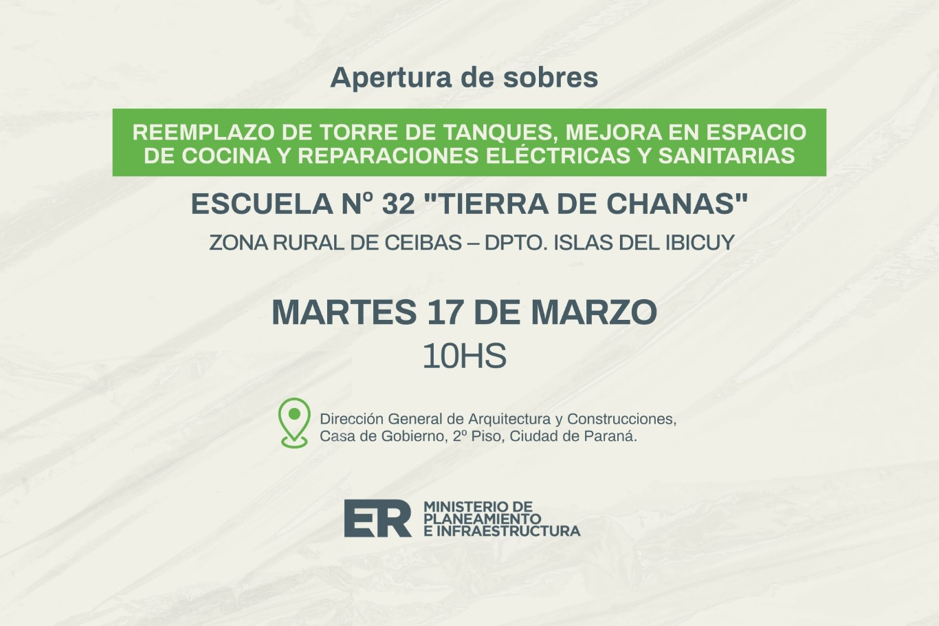 Se realizará la apertura de sobres para ejecutar obras en escuela de Ceibas